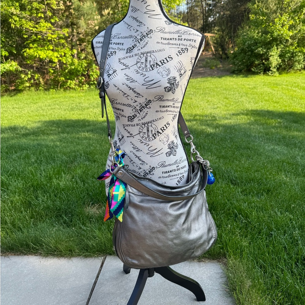 Coach Zoe Leather Hobo Satchel in Metallic Gray